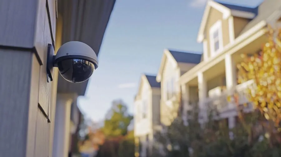 Dome security camera attached to the exterior wall of a home, with residential buildings visible in the background