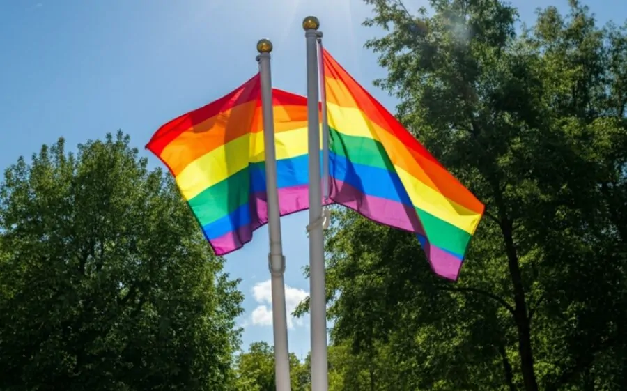 A pair of LGBT flags on a flag pole