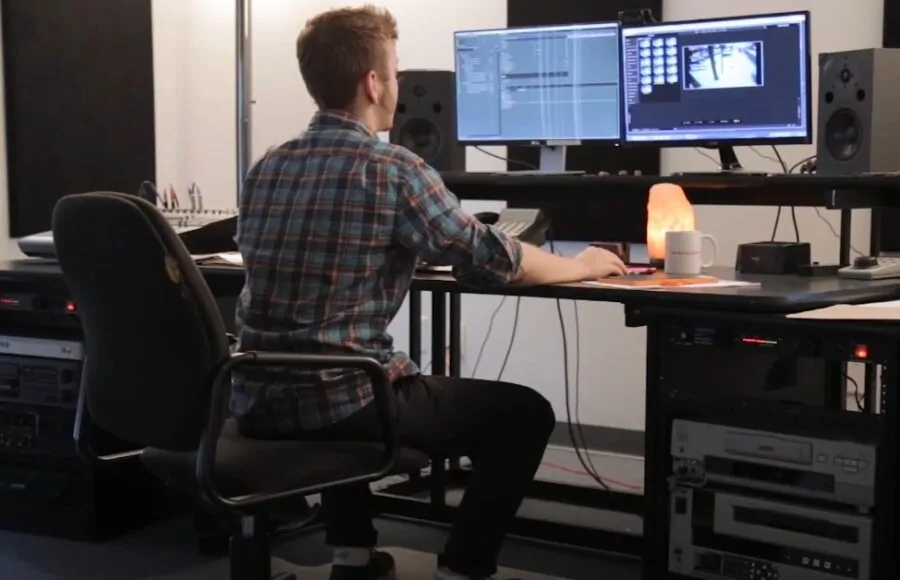 Guy editing surveillance video footage in office