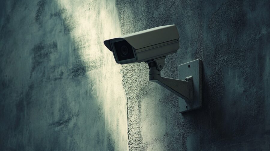 security camera attached to a concrete wall, showcasing its design and functionality in an indoor setting