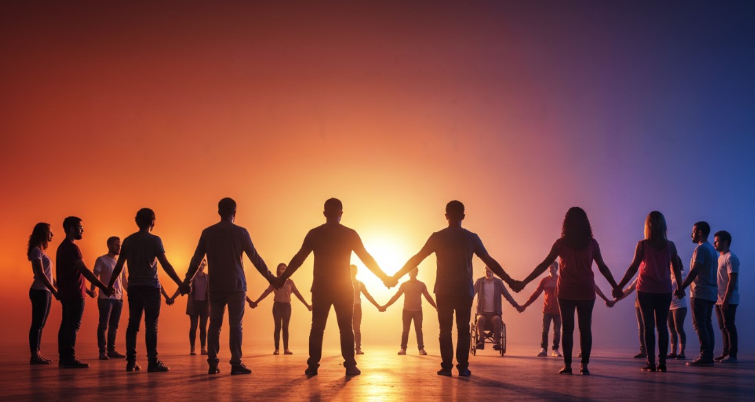 Large group of people holding hands in a circle