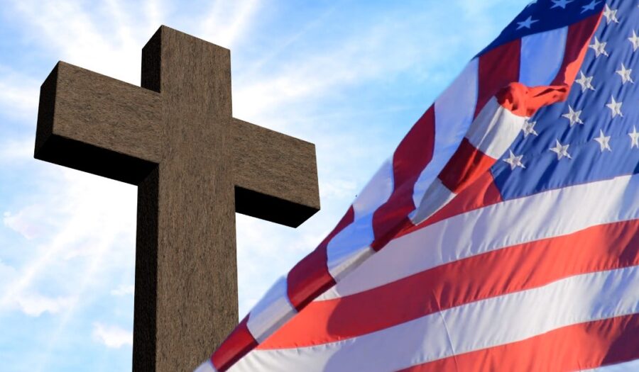 Christian cross and an American flag