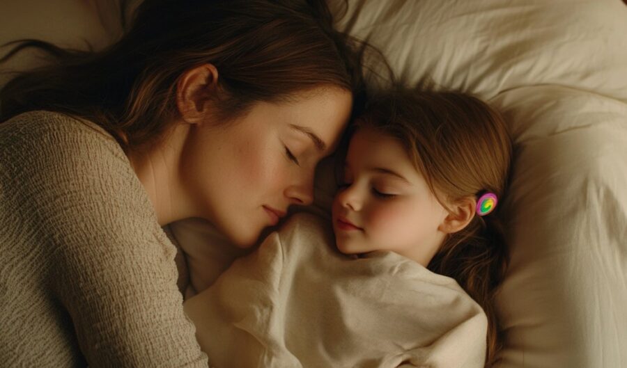 Mom and daughter sleeping in bed