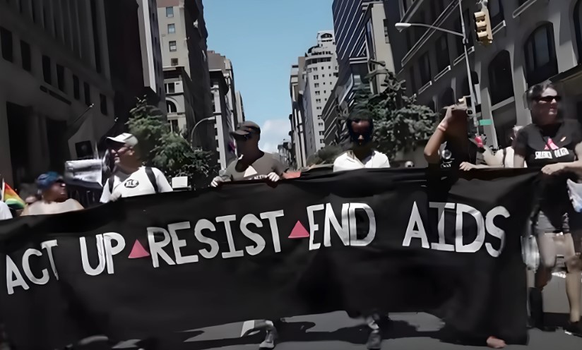 A demonstration against AIDS, with a large banner