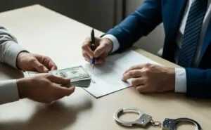 A person gives money to bail agent