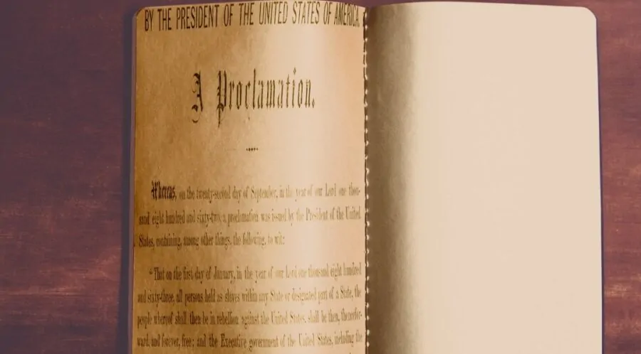 Page of Emancipation Proclamation in old book