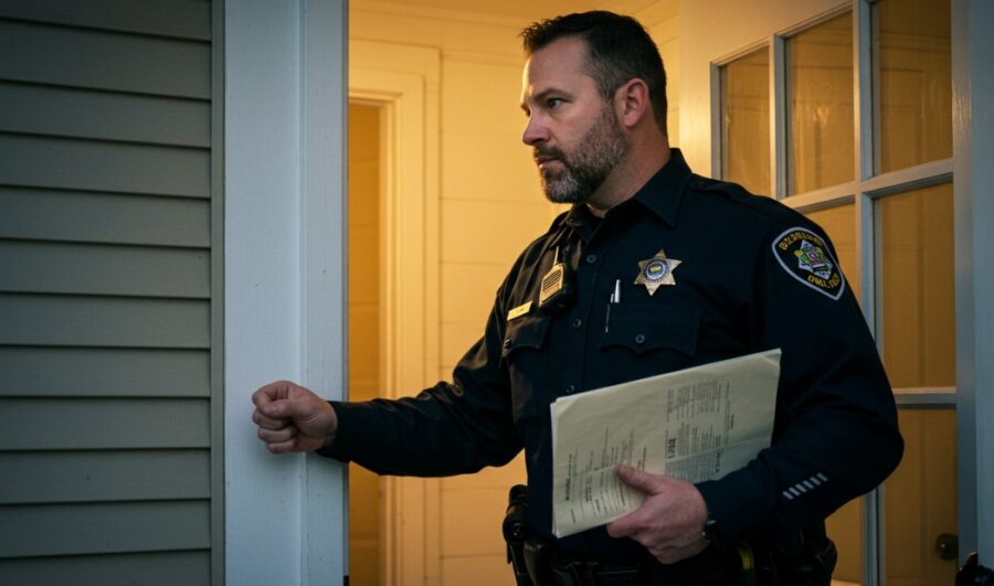 Male police officer standing at a doorway