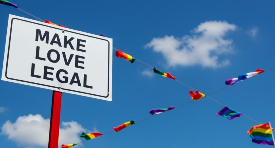 A clear sign proclaims "Make Love Legal," a message of equality and acceptance against a vibrant blue sky