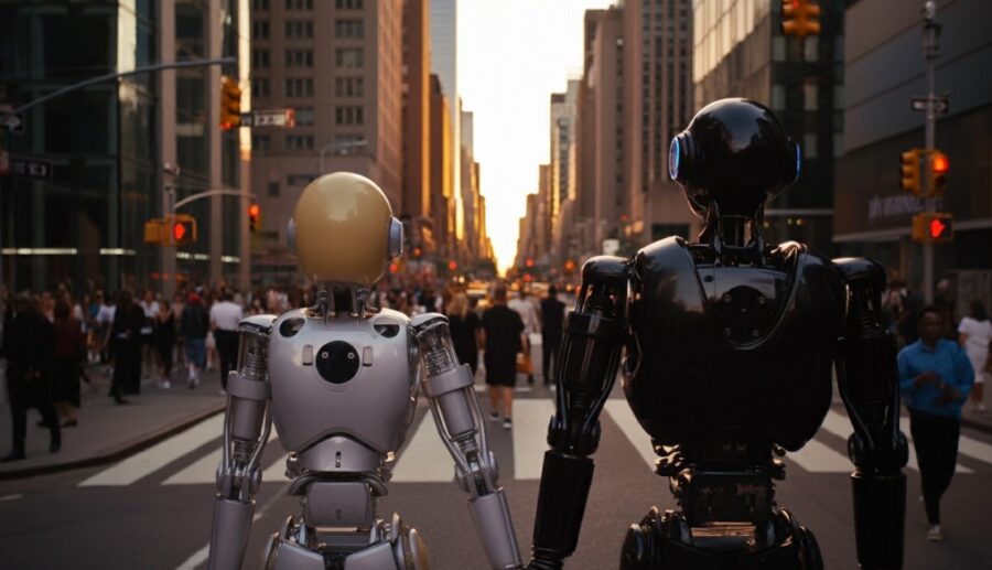 Two robots holding hands in a crowded street in NYC