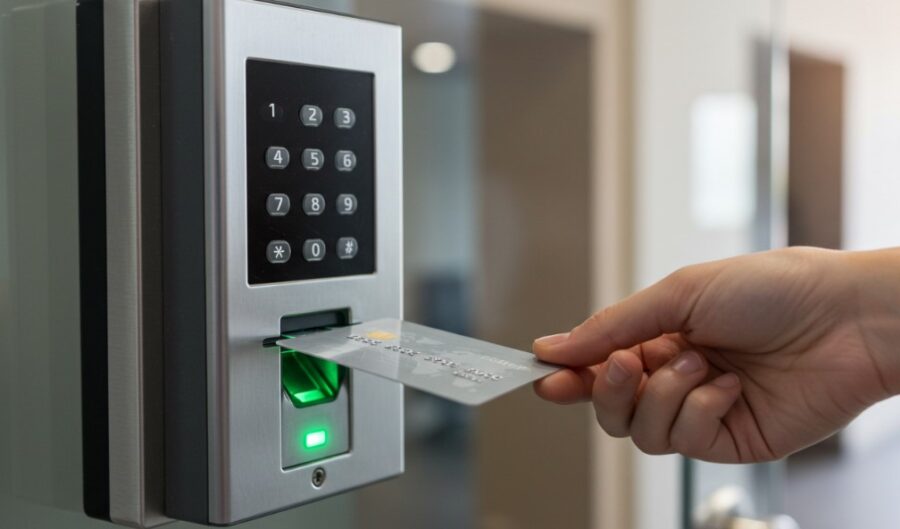 Hand inserting a credit card into a silver access control terminal