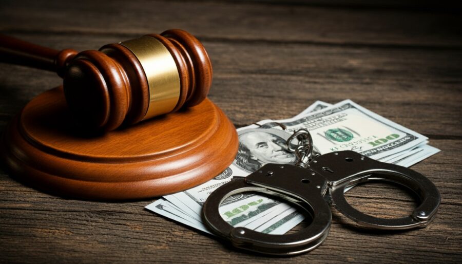 Wooden gavel and a stack of US dollar bills next to metal handcuffs