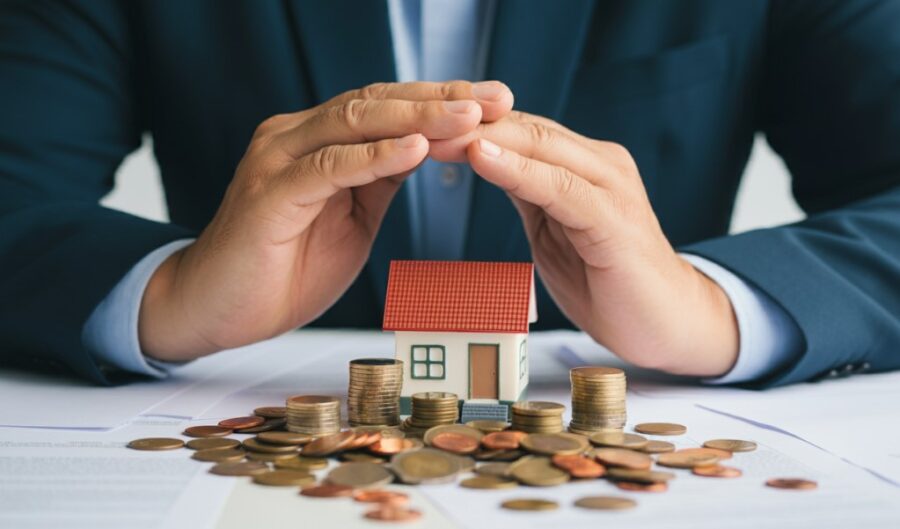 Man with hands above a small model house and stacks of coins