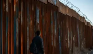 A man looking at tall border wall