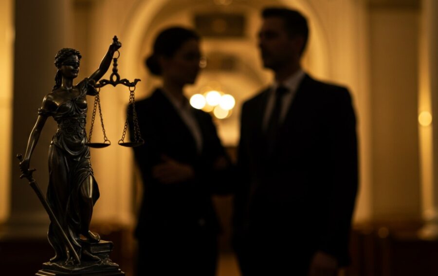 Statue of Lady Justice with silhouettes of two lawyers in the background