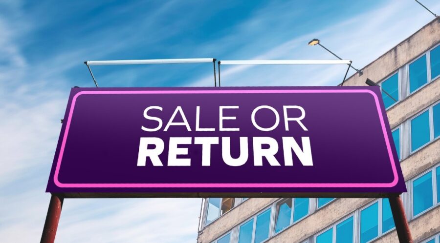 Purple billboard that says sale or return