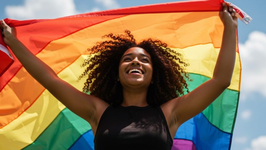 A woman joyfully holds the rainbow flag aloft