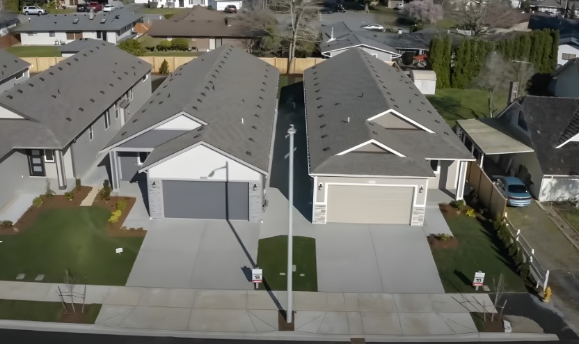 Modern, two-story townhomes with matching gray roofs