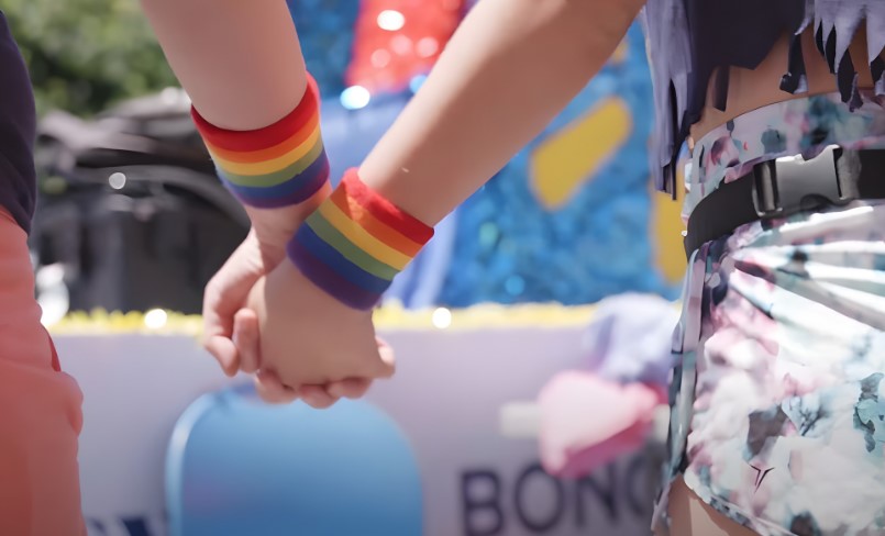 Pride parade attendees, holding hands