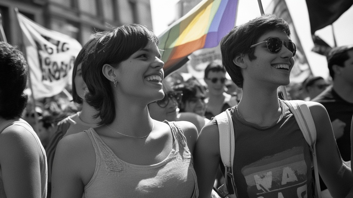 Black and white image of two smiling individuals at a pride march, with a rainbow flag in the background