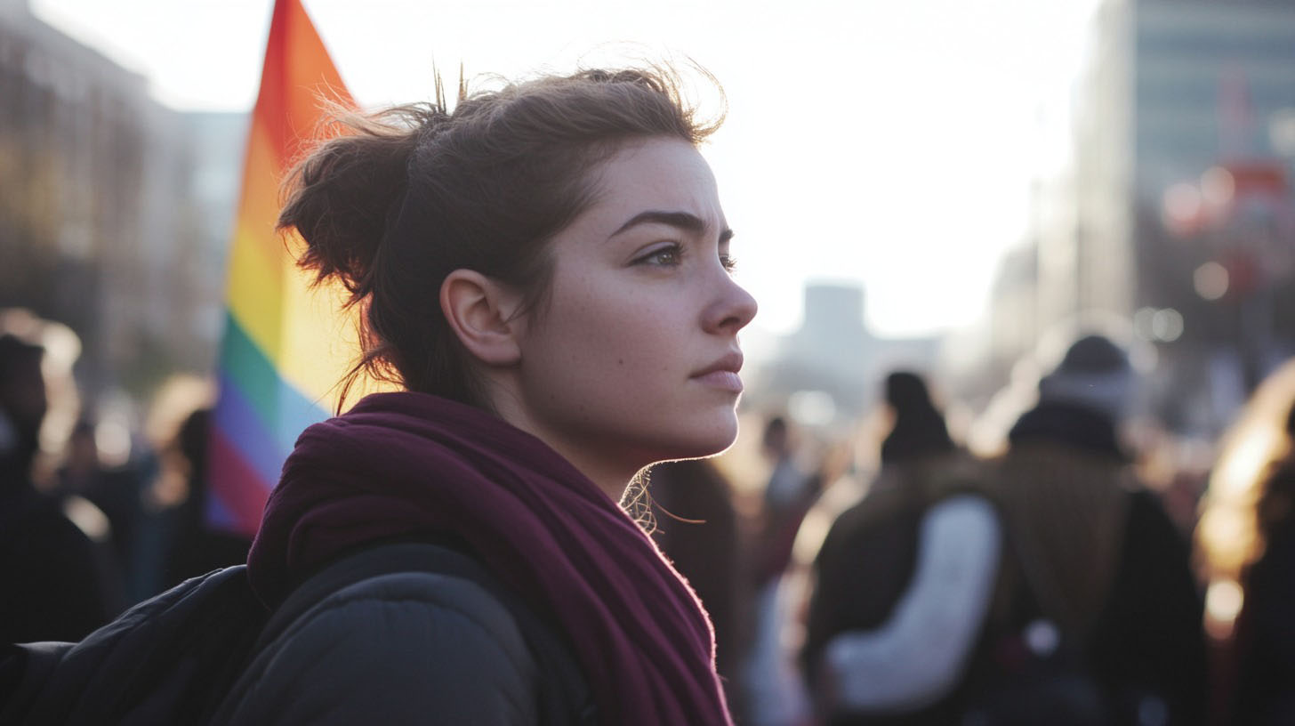 A young woman stands in focus at a public rally, with a rainbow flag visible in the background