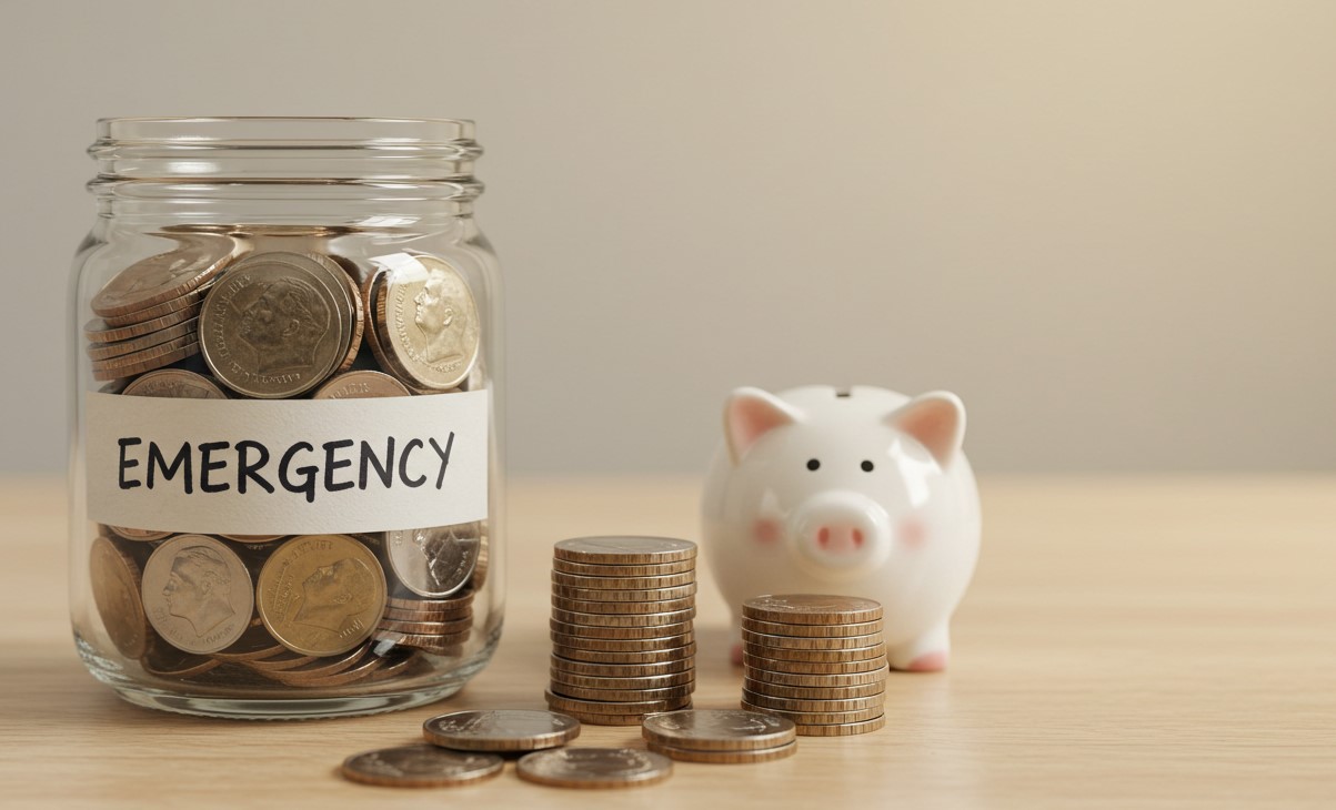 clear glass jar, filled with coins, labeled "EMERGENCY." A piggy bank and stacked coins sit beside it