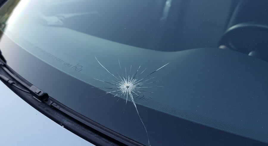 A spiderweb crack radiates outward from a central point on the car's windshield