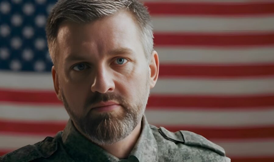 Close-up portrait of a military personnel with USA flag in the back