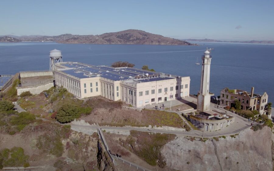 Alcatraz prison photographed from drone