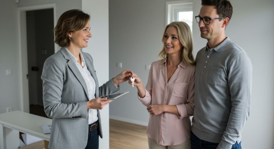 A real estate agent hands over the keys to a new home