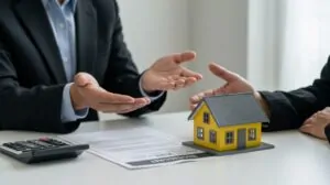 A consultation on a property transaction, with documents and a model home
