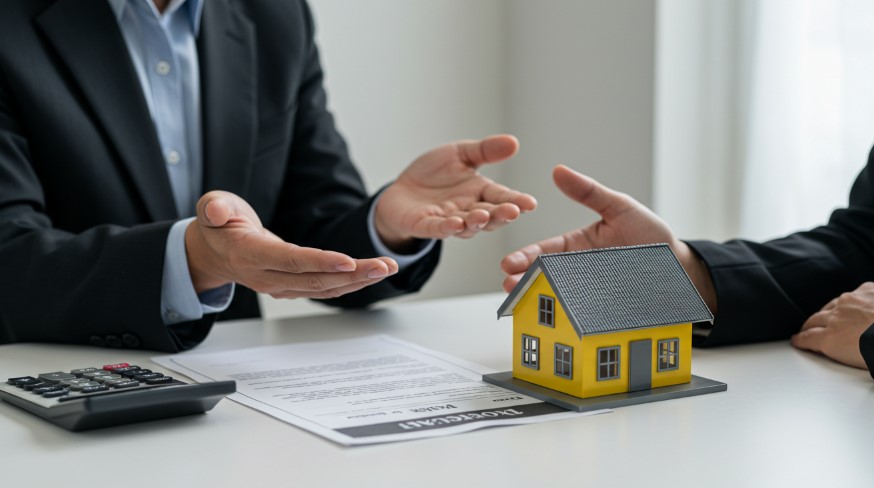 A consultation on a property transaction, with documents and a model home