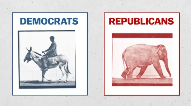 A donkey, a symbol of Democrats, and an elephant, representing Republicans, in a simple, side-by-side comparison