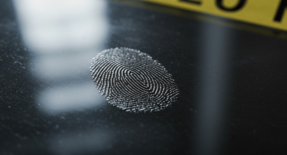 A clear, intricate fingerprint, meticulously preserved on a dark surface