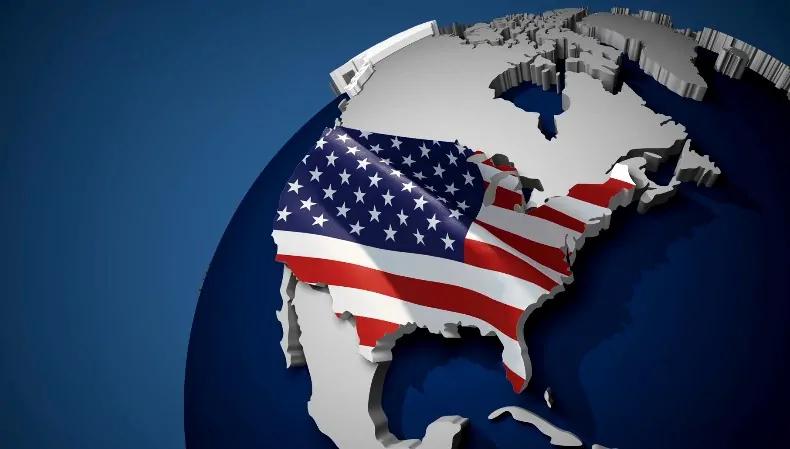 A vibrant American flag draped across a 3D globe