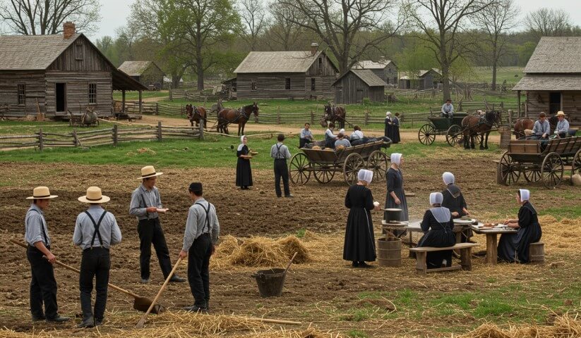 Amish people working on a field