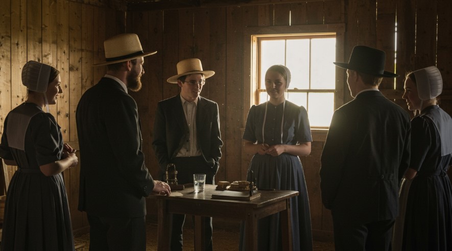 A group of Amish individuals engaged in a discussion within a rustic interior