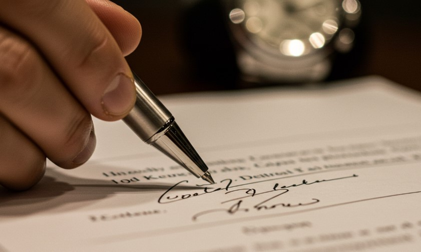 Close up view of a pen signing a contract with luxury watch in a background