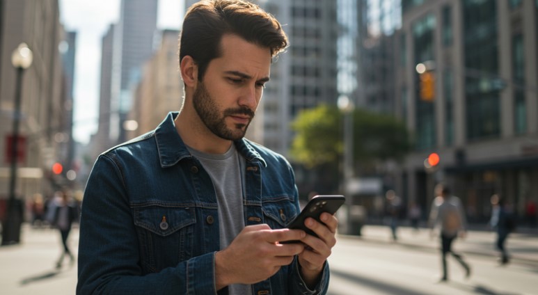 Urban scene; a man interacts with his smartphone