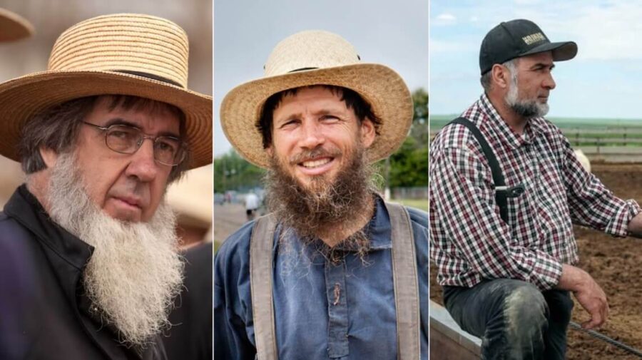 Photo divided in three sections, showing Amish, Mennonite and Hutterite