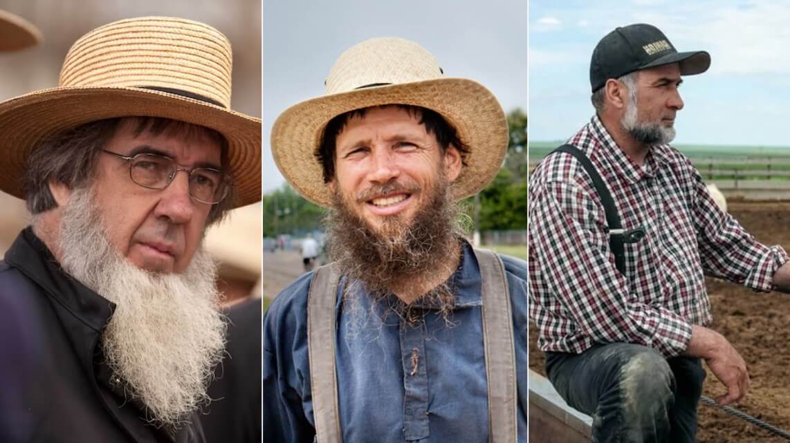 Photo divided in three sections, showing Amish, Mennonite and Hutterite