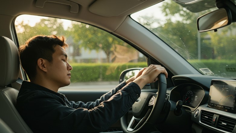 A person rests in the driver's seat, eyes closed, hands on the steering wheel
