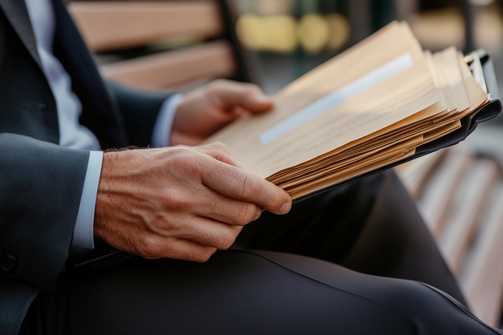 A man holding a folder full of legal documents, seated on a bench outdoors