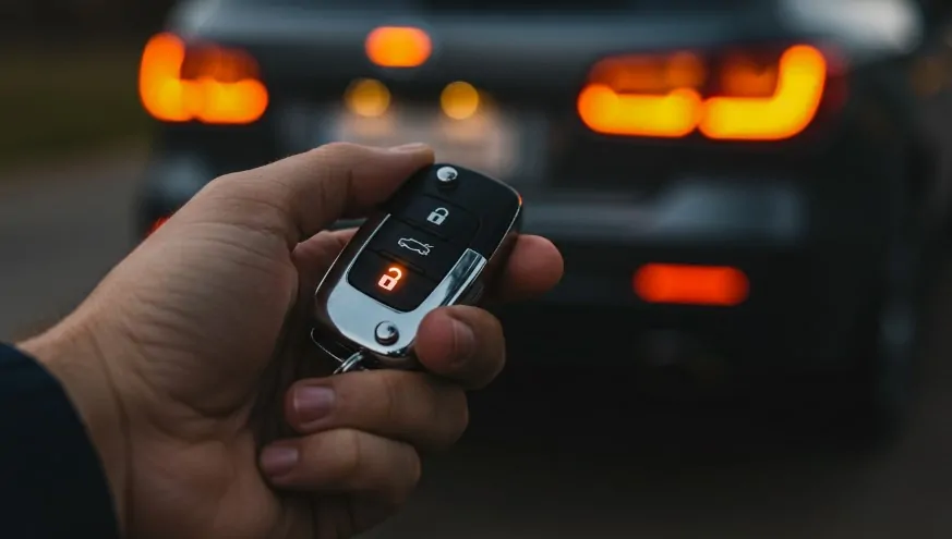 A hand holds a car key fob, ready to unlock a vehicle. The car's taillights are softly visible in the background