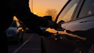A thief attempts to unlock a car door at sunset