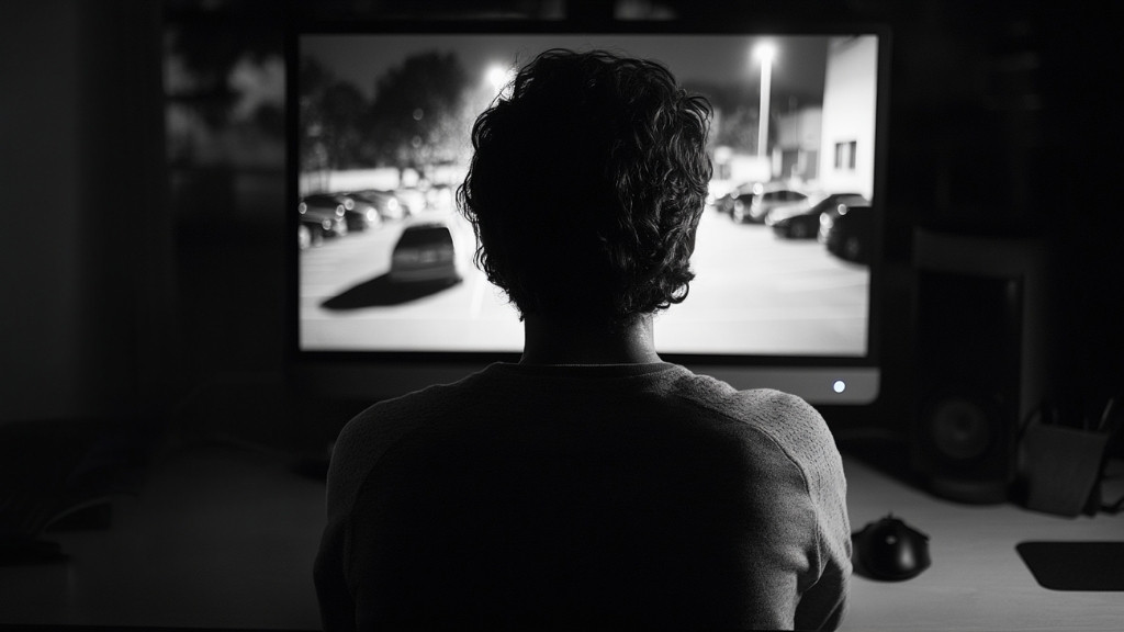 Person reviewing surveillance footage at night, possibly collecting evidence to support a police report