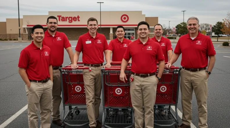 Target employees stand in front of the store, ready to assist customers