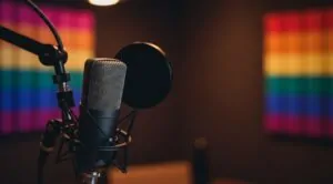 Studio microphone against a blurred backdrop of a rainbow flag