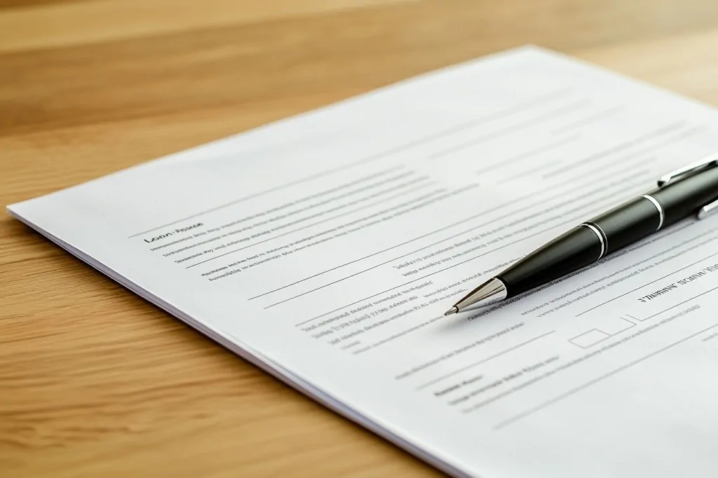 Close-up of a legal document on a table with a pen placed on top, ready for signing