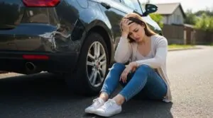 A woman sits dejectedly beside a damaged car, her head in her hands