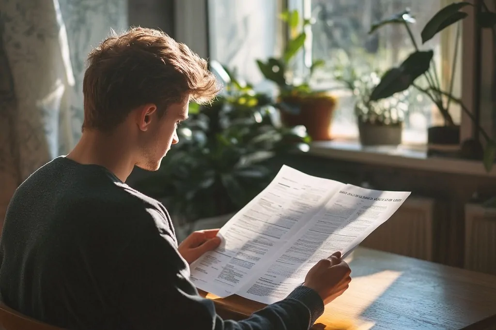 Young man reading paperwork by the window, likely reviewing the details of a received police report